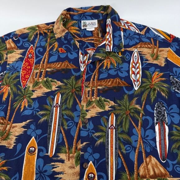 Aloha Republic Men XL Hawaiian Shirt Navy Blue Surfboard Palm Tree Cotton Hawaii